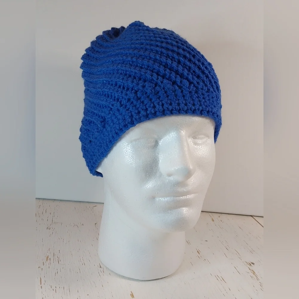 Pretty Cool Blue Adult Beanie Handmade Crochet Hat Winter Christmas Gift Warm - Picture 6 of 8
